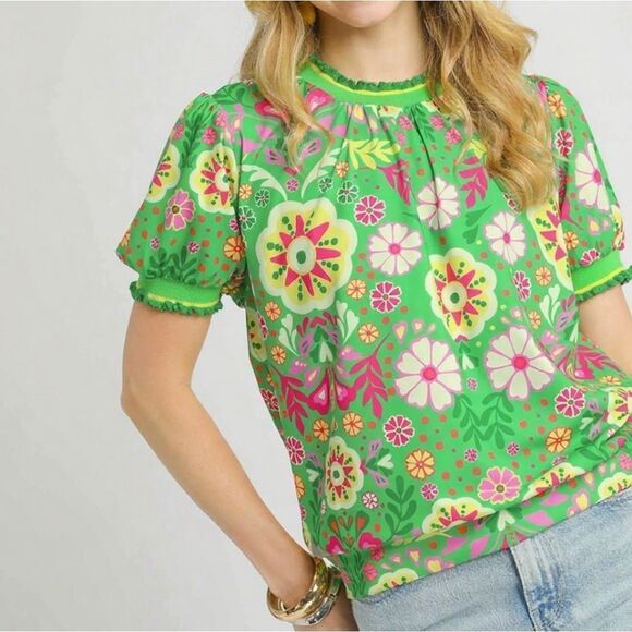 🎁25% Off Bundles🎁 Umgee Retro Floral Puff Sleeve Top Floral Green Top - Picture 4 of 5